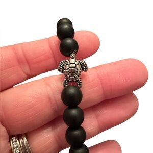 Black Matte Agate Beaded Stretch Bracelet with Silver Sea Turtle Charm